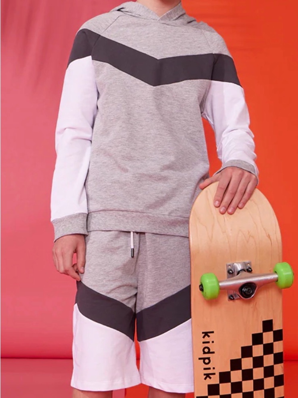 ( SET) Kidpik Skater Kid Pullover Sweatshirt & Shorts Set Blue Orange & White - Picture 4 of 8